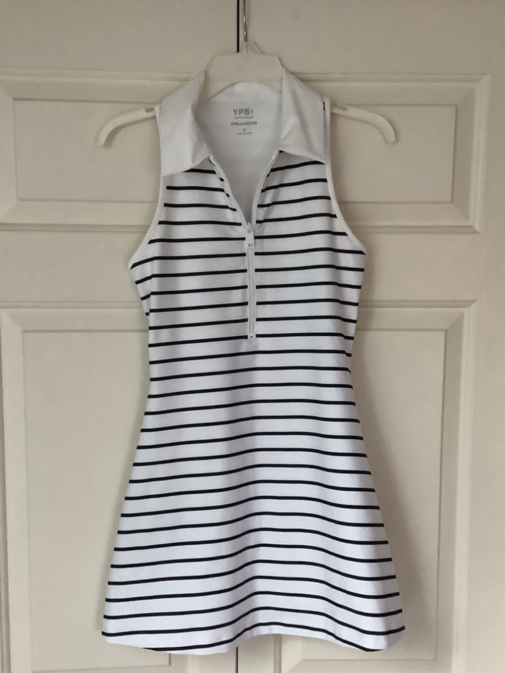 Striped Sleeveless Polo Zip Dress by YPB - White & Black